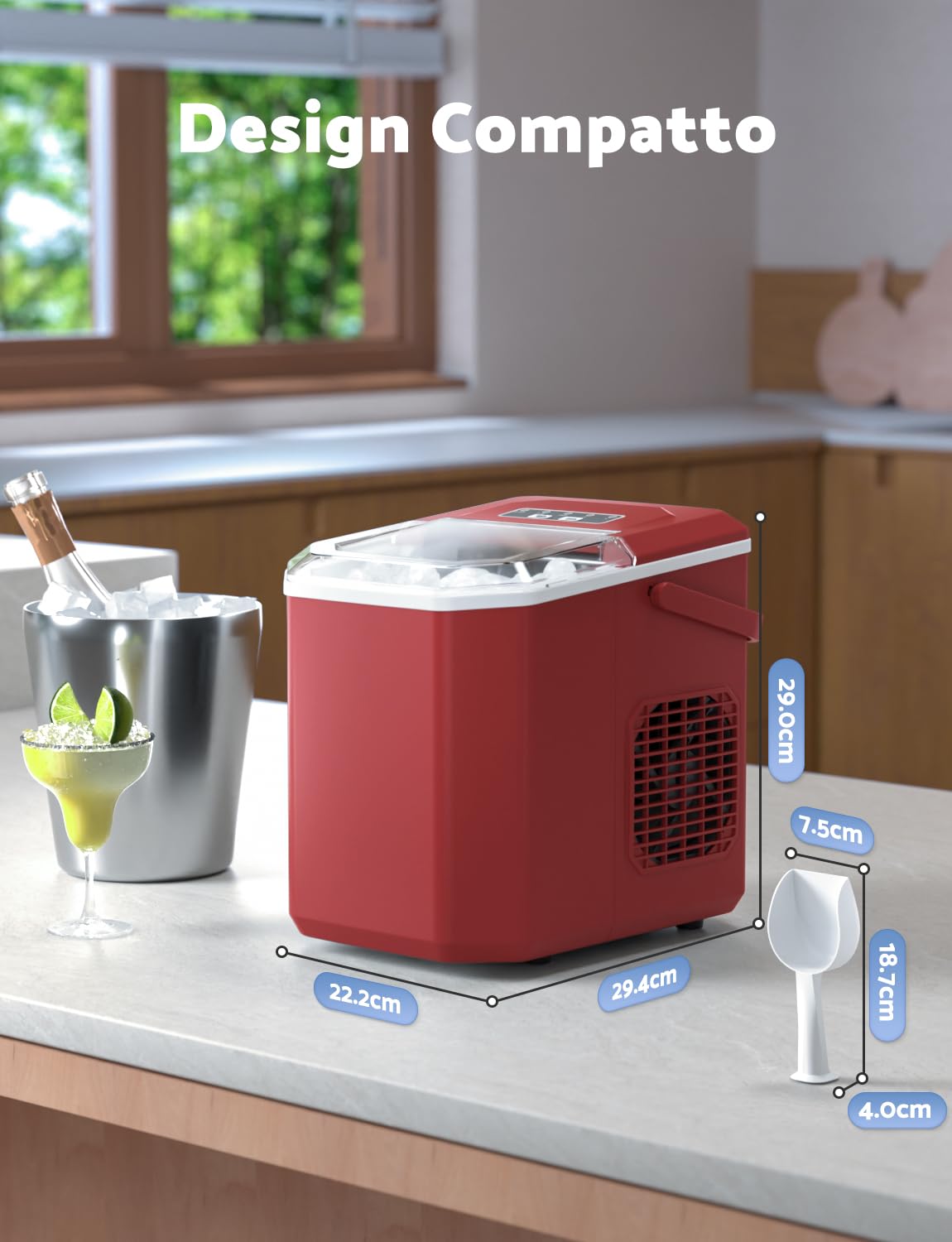 Ice Machine 12 kg/24 h, Self-Cleaning Home Ice Machine 1.5 L, Professional Ice Machine, Ready in 6 Minutes, with Handle/Silent/Scoop/Basket, Red