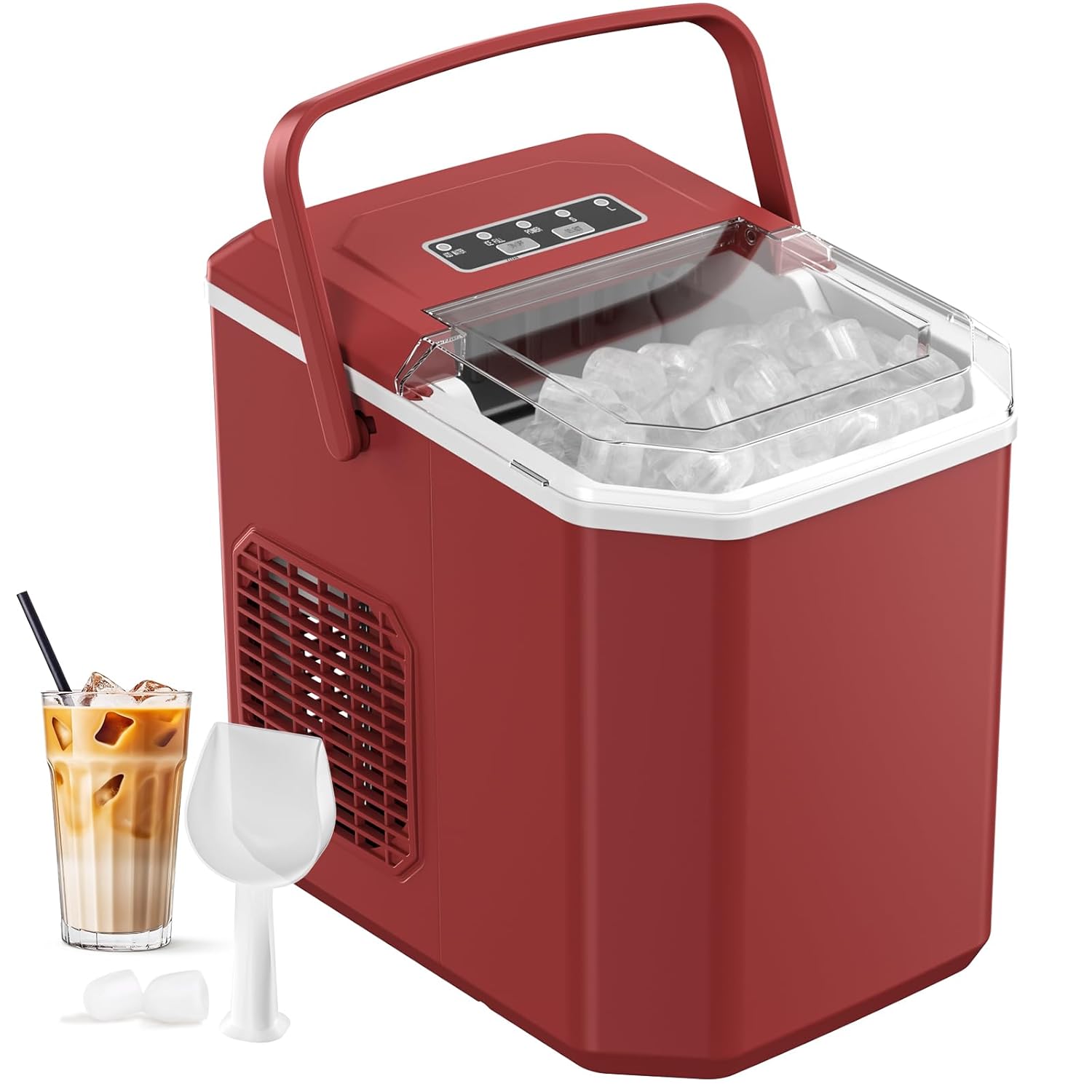 Ice Machine 12 kg/24 h, Self-Cleaning Home Ice Machine 1.5 L, Professional Ice Machine, Ready in 6 Minutes, with Handle/Silent/Scoop/Basket, Red