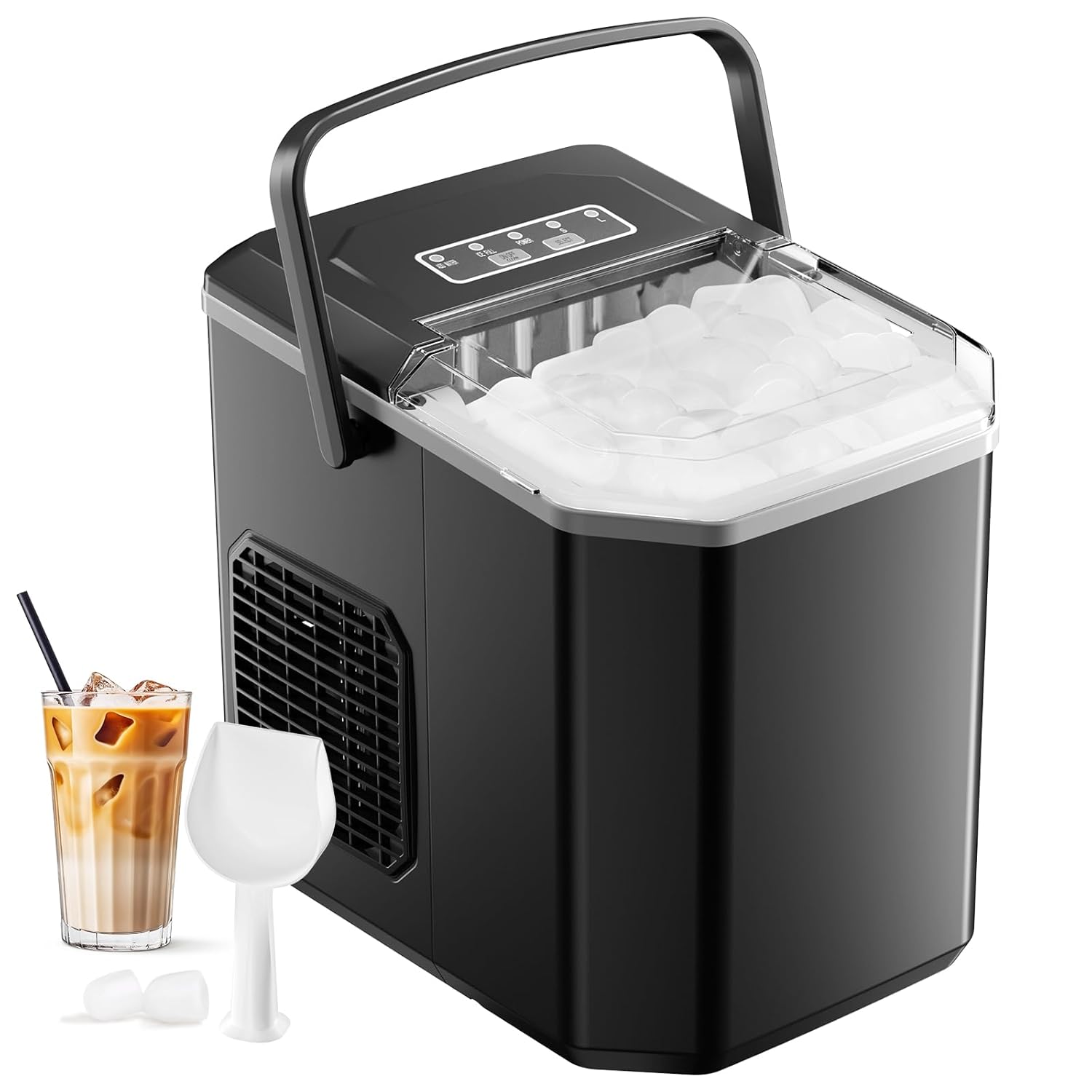 Ice Machine 12 kg/24 h, Self-Cleaning Home Ice Machine 1.5 L, Professional Ice Maker, Ready in 6 Minutes, with Handle, Silent/Scoop/Basket, Black