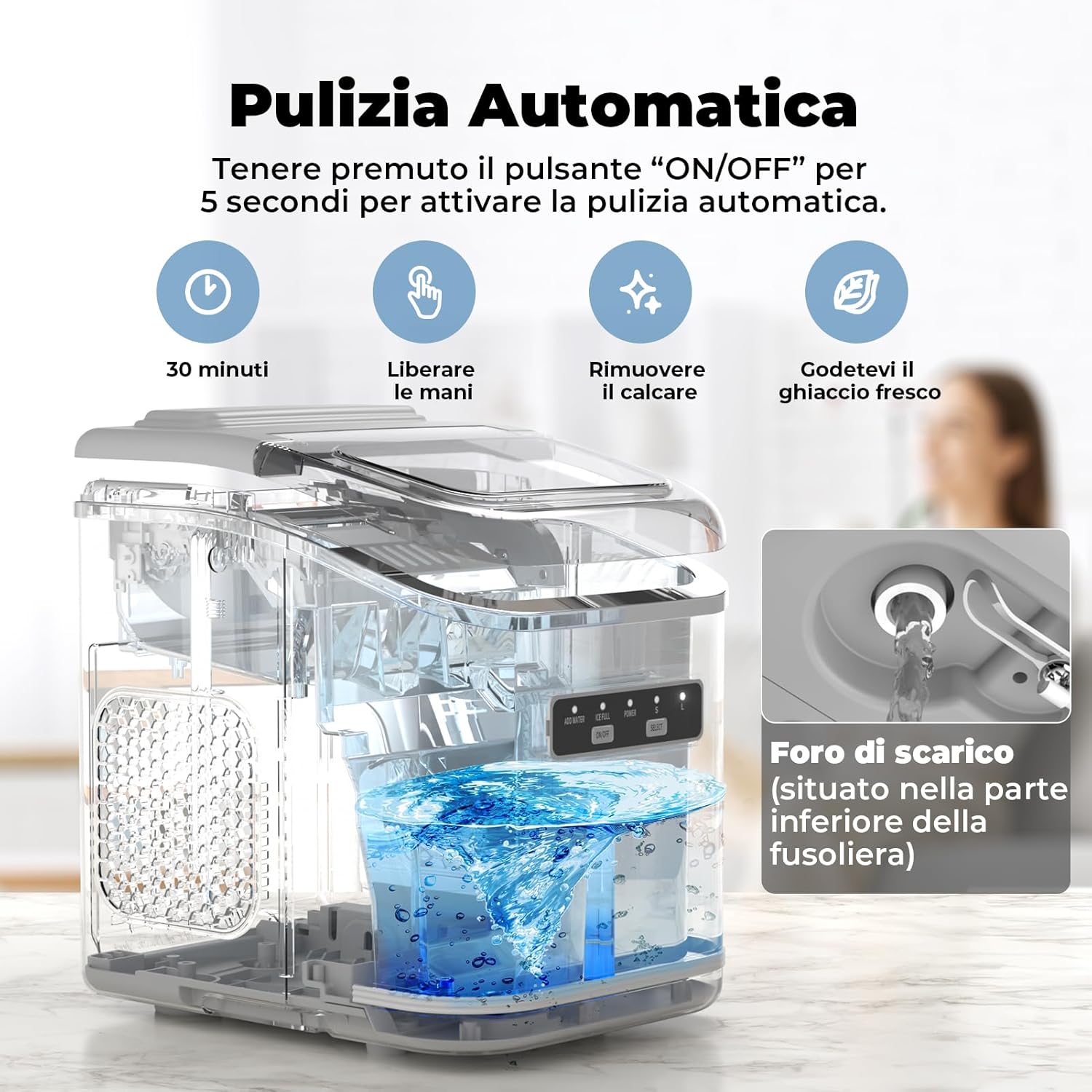 Ice Maker 12 kg/24 h, Self-Cleaning Ice Maker for Home 1.5 L, Silent, 9 Cubes in 6 Minutes, Ice Maker with Handle/Scoop/Basket, Grey