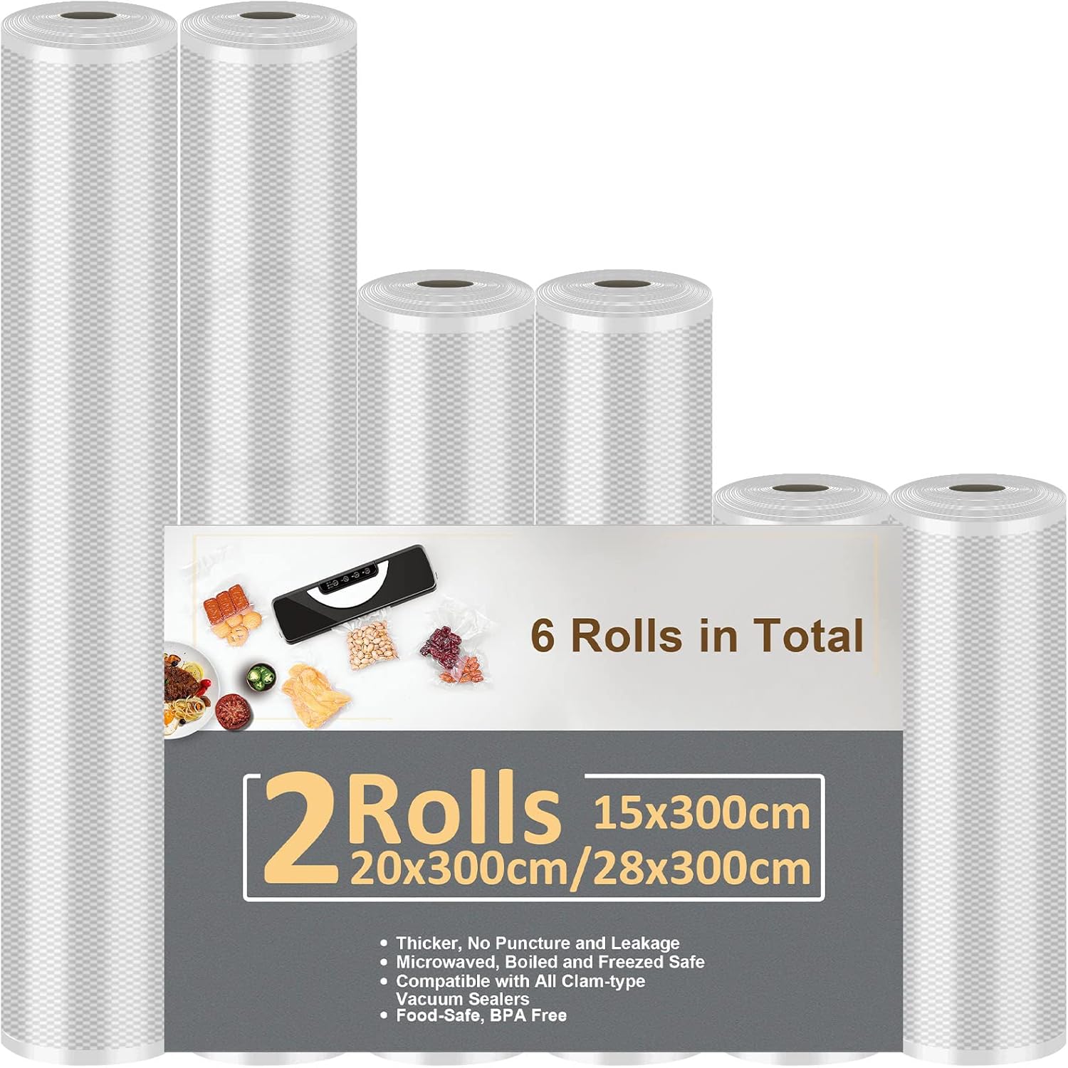 Food Vacuum Roll, 6 Packs of Food Vacuum Bags, Suitable for All Vacuum Machines, 28 x 300 cm, 20 x 300 cm, 15 x 300 cm