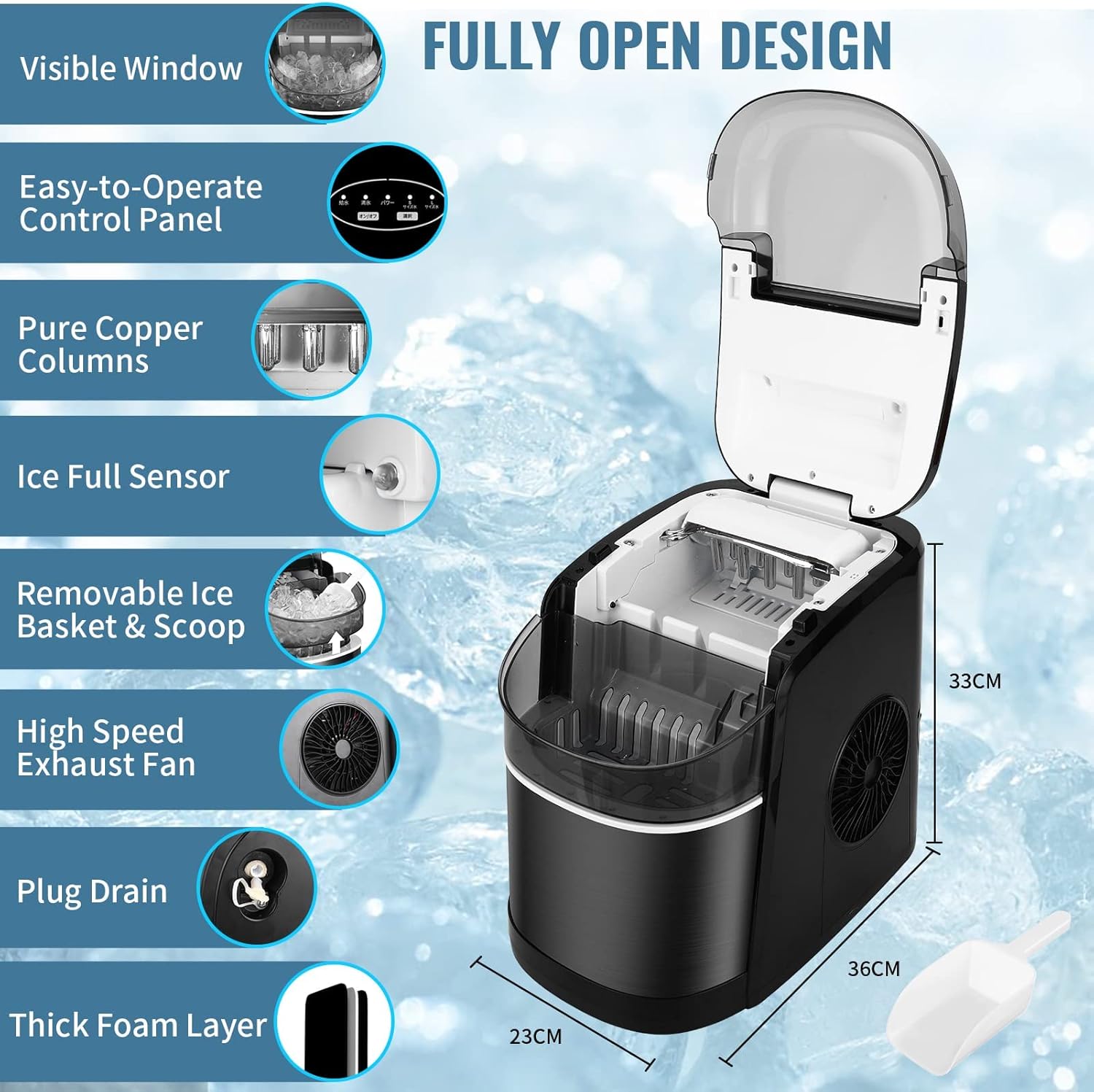 Ice Machine 12 kg/24 h, Professional Home Ice Maker Self-cleaning 1.7L, S/L Size, Ready in 6-9 Minutes, Silent, Ice Maker for Home/Bar, Black