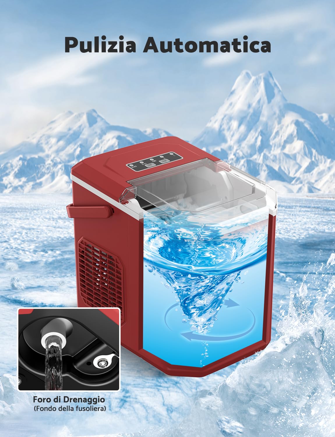 Ice Machine 12 kg/24 h, Self-Cleaning Home Ice Machine 1.5 L, Professional Ice Machine, Ready in 6 Minutes, with Handle/Silent/Scoop/Basket, Red
