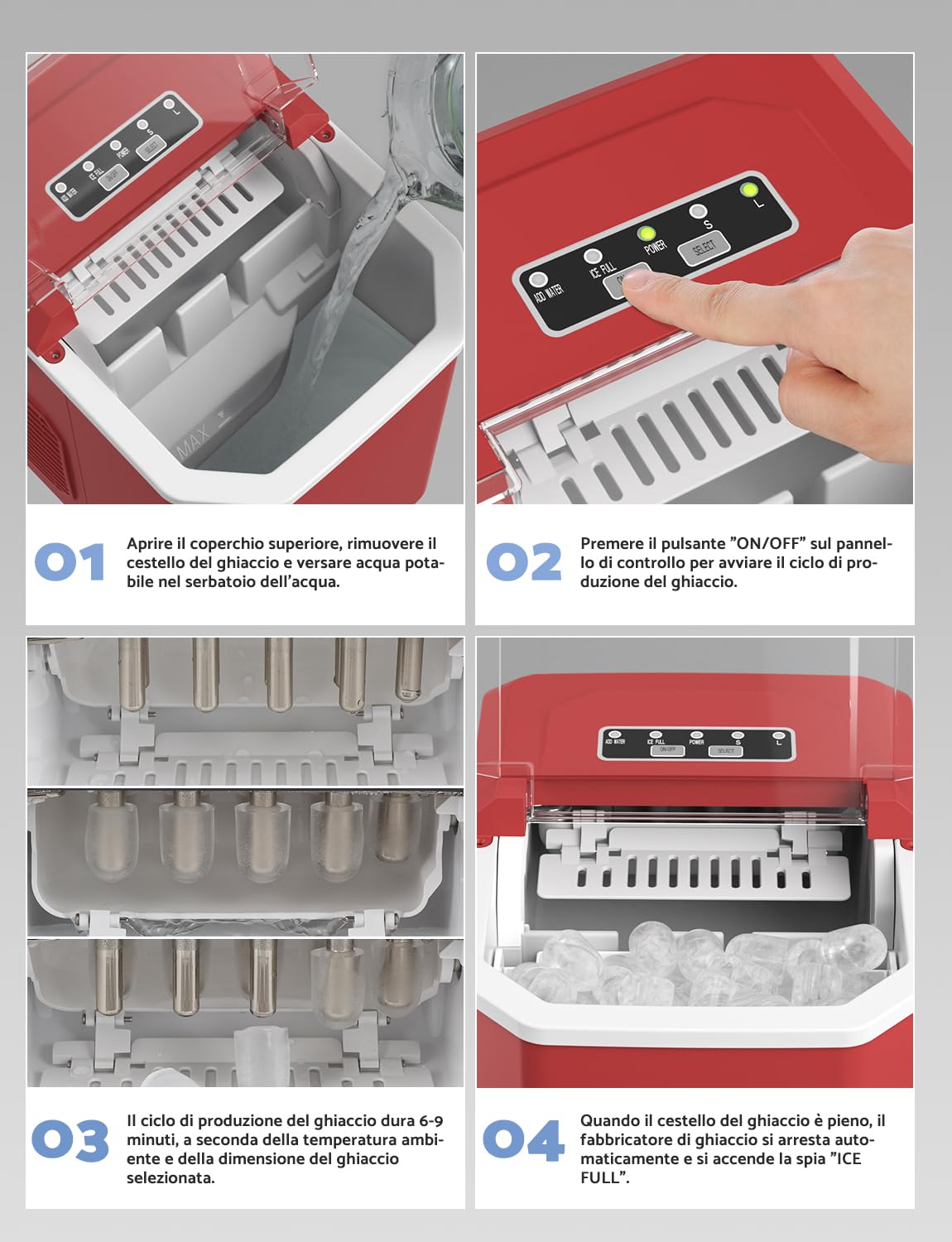 Ice Machine 12 kg/24 h, Self-Cleaning Home Ice Machine 1.5 L, Professional Ice Machine, Ready in 6 Minutes, with Handle/Silent/Scoop/Basket, Red