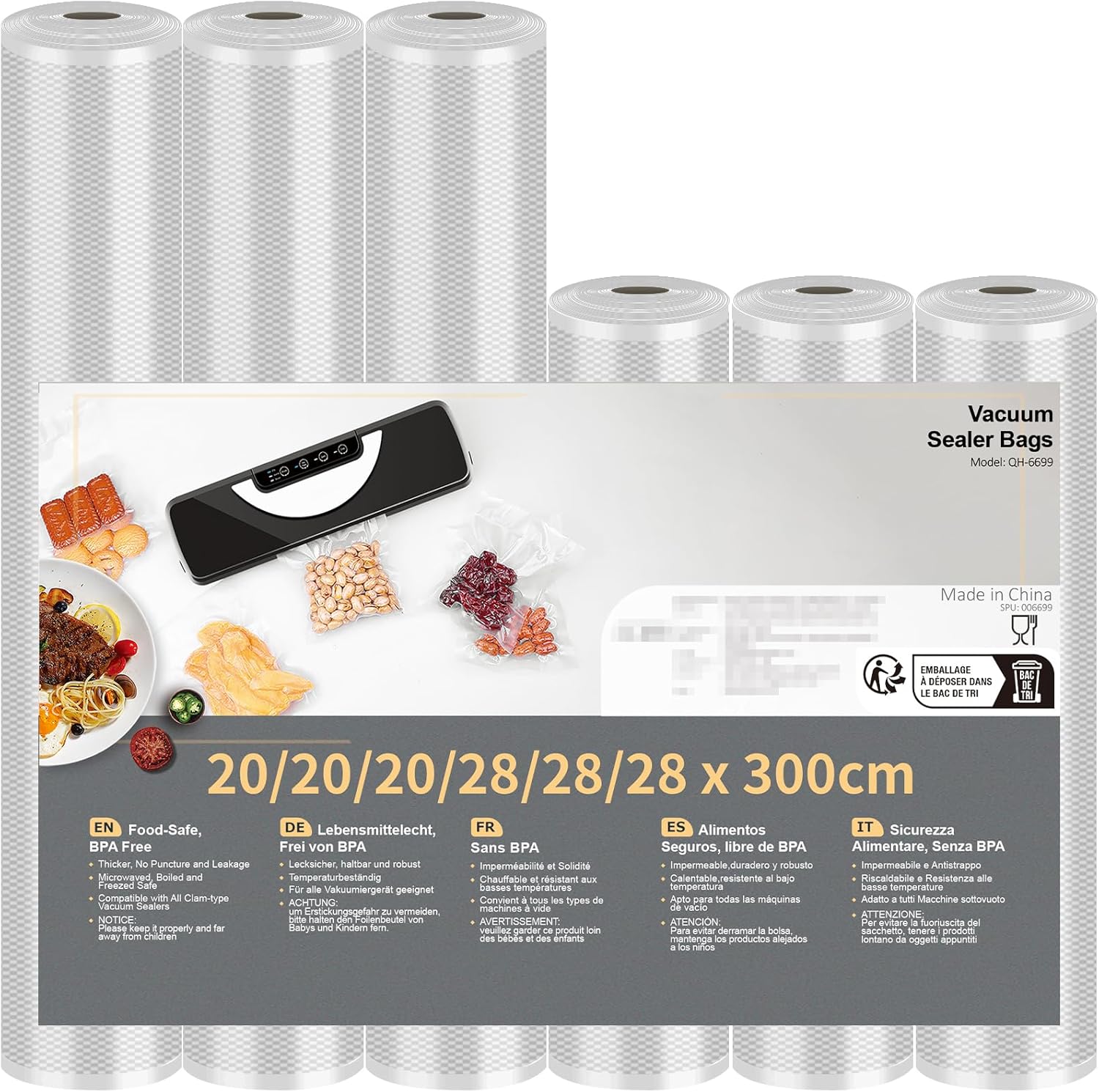 Food Vacuum Bags 6 Rolls 3 Rolls 28 x 300 cm and 3 Rolls 20 x 300 cm Food Vacuum Film, for Food Vacuum Sealer and Cooking, BPA Free·