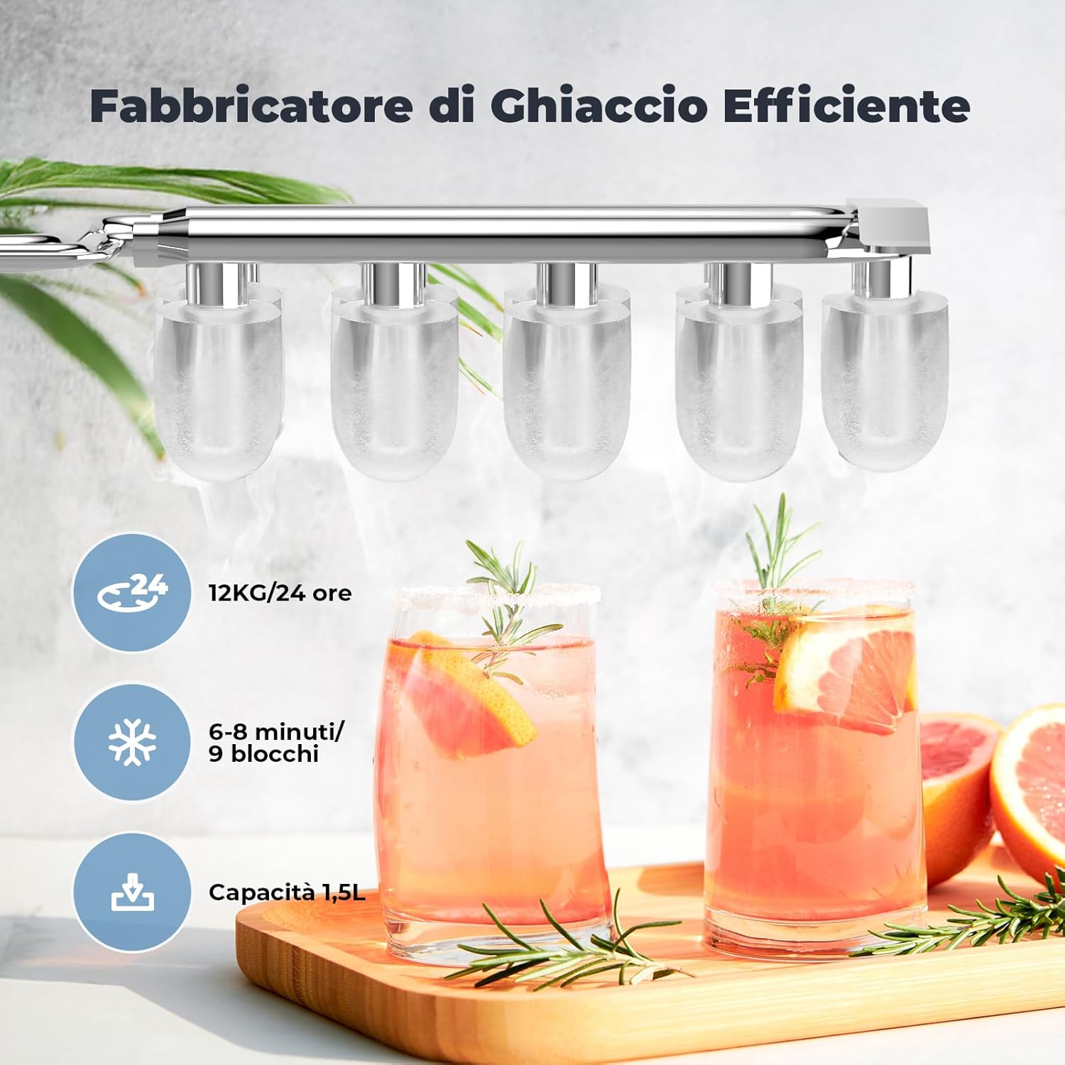 Ice Maker 12 kg/24 h, Self-Cleaning Ice Maker for Home 1.5 L, Silent, 9 Cubes in 6 Minutes, Ice Maker with Handle/Scoop/Basket, Grey