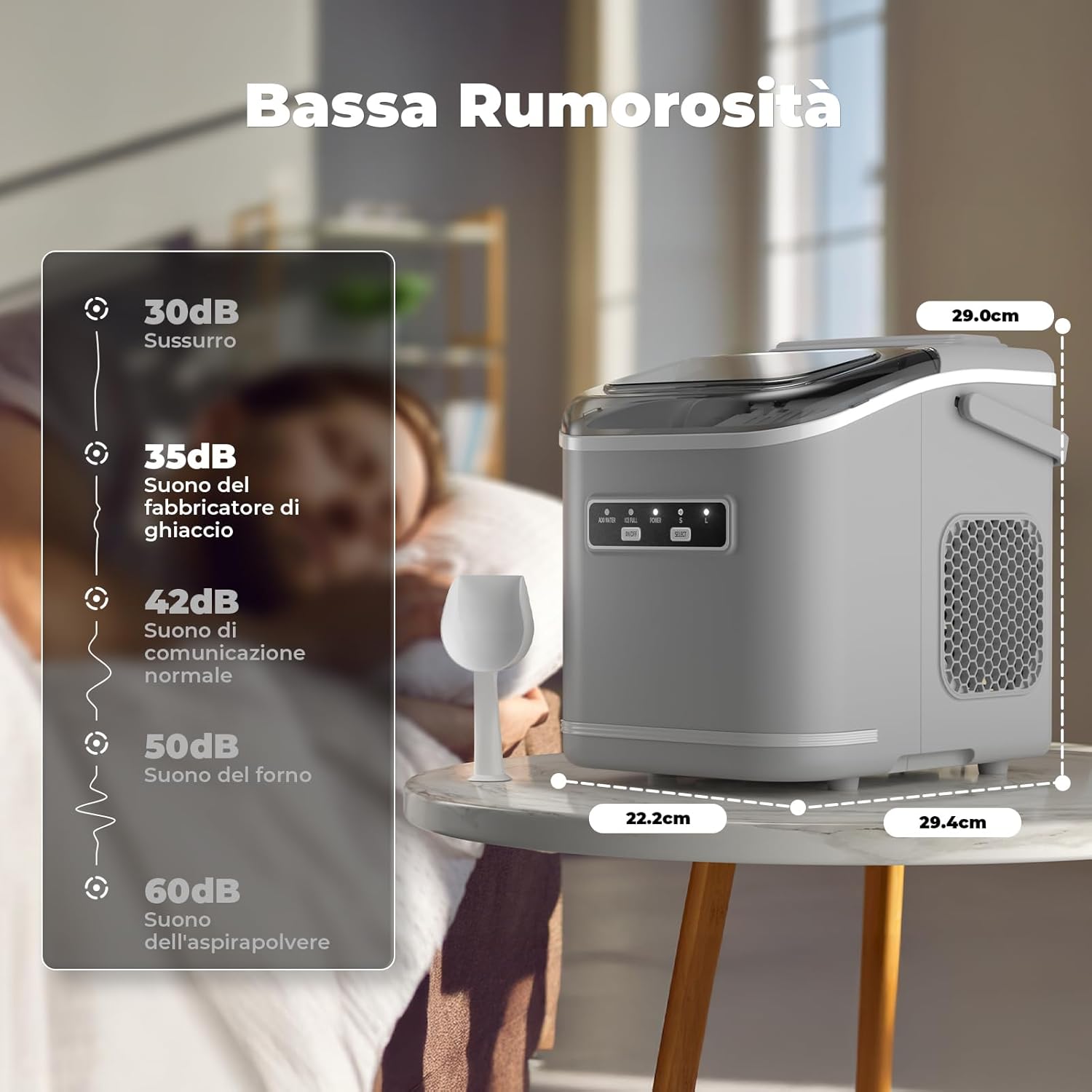 Ice Maker 12 kg/24 h, Self-Cleaning Ice Maker for Home 1.5 L, Silent, 9 Cubes in 6 Minutes, Ice Maker with Handle/Scoop/Basket, Grey