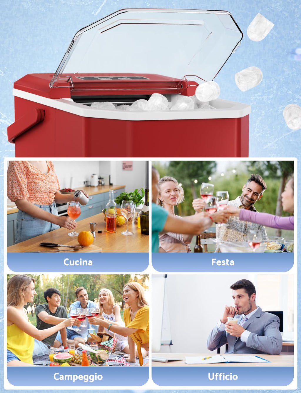Ice Machine 12 kg/24 h, Self-Cleaning Home Ice Machine 1.5 L, Professional Ice Machine, Ready in 6 Minutes, with Handle/Silent/Scoop/Basket, Red