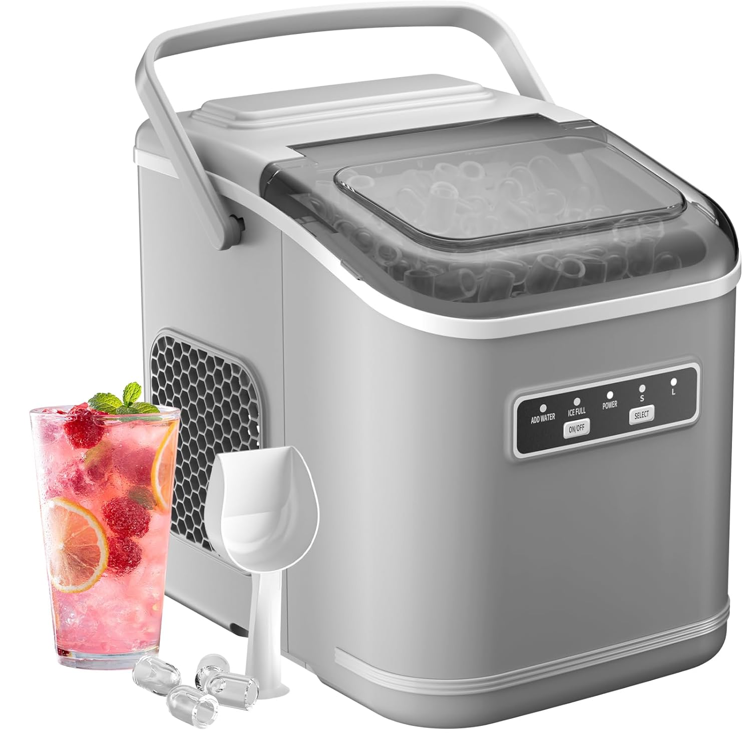 Ice Maker 12 kg/24 h, Self-Cleaning Ice Maker for Home 1.5 L, Silent, 9 Cubes in 6 Minutes, Ice Maker with Handle/Scoop/Basket, Grey