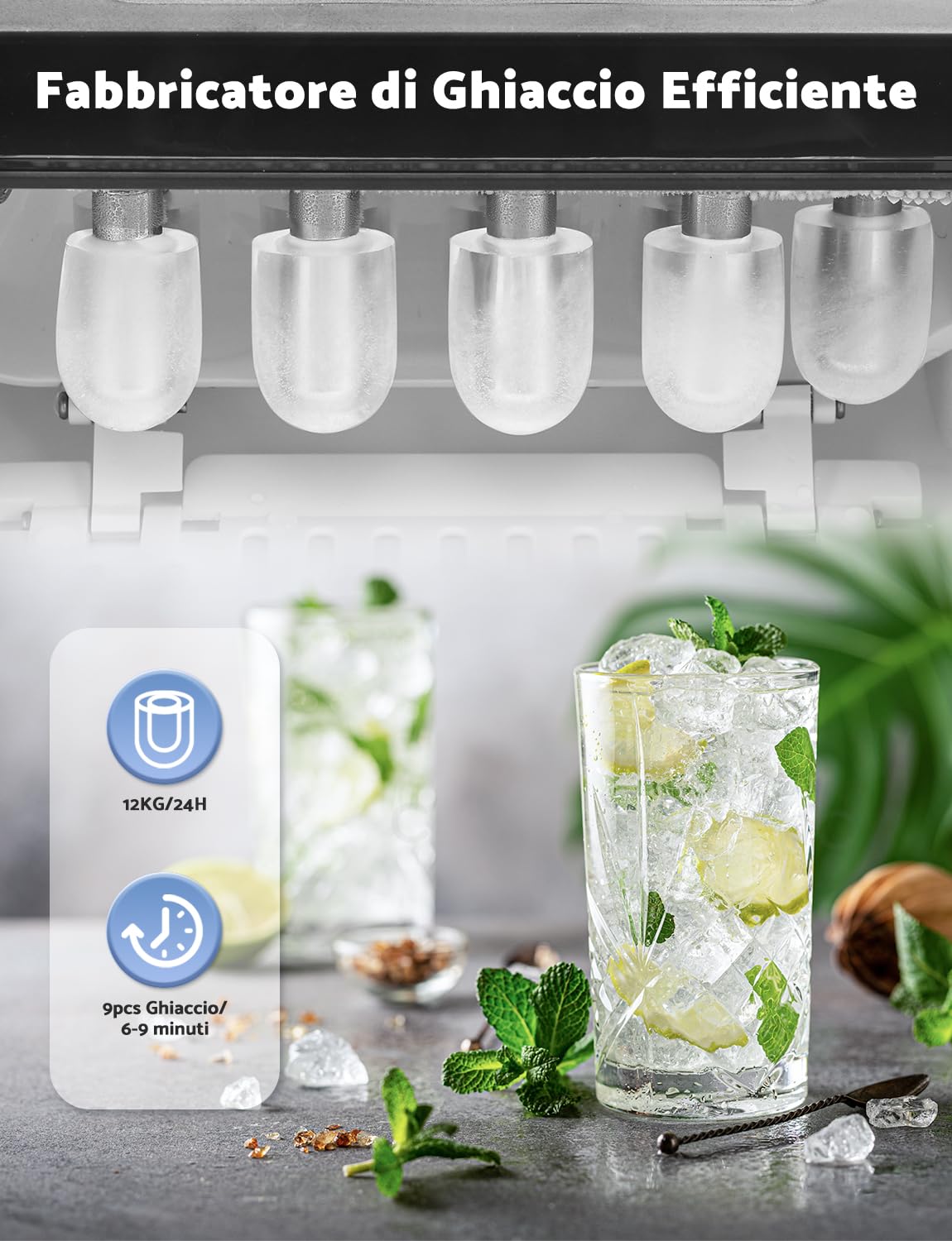 Ice Machine 12 kg/24 h, Self-Cleaning Home Ice Machine 1.5 L, Professional Ice Maker, Ready in 6 Minutes, with Handle, Silent/Scoop/Basket, Black