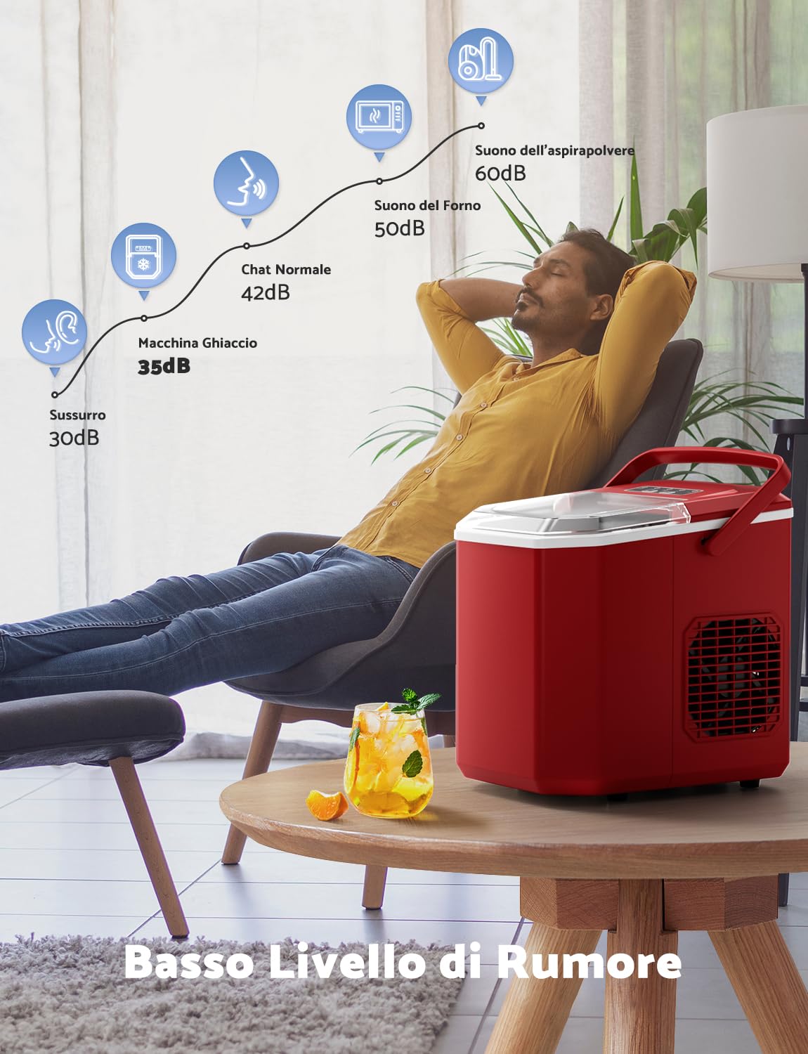 Ice Machine 12 kg/24 h, Self-Cleaning Home Ice Machine 1.5 L, Professional Ice Machine, Ready in 6 Minutes, with Handle/Silent/Scoop/Basket, Red