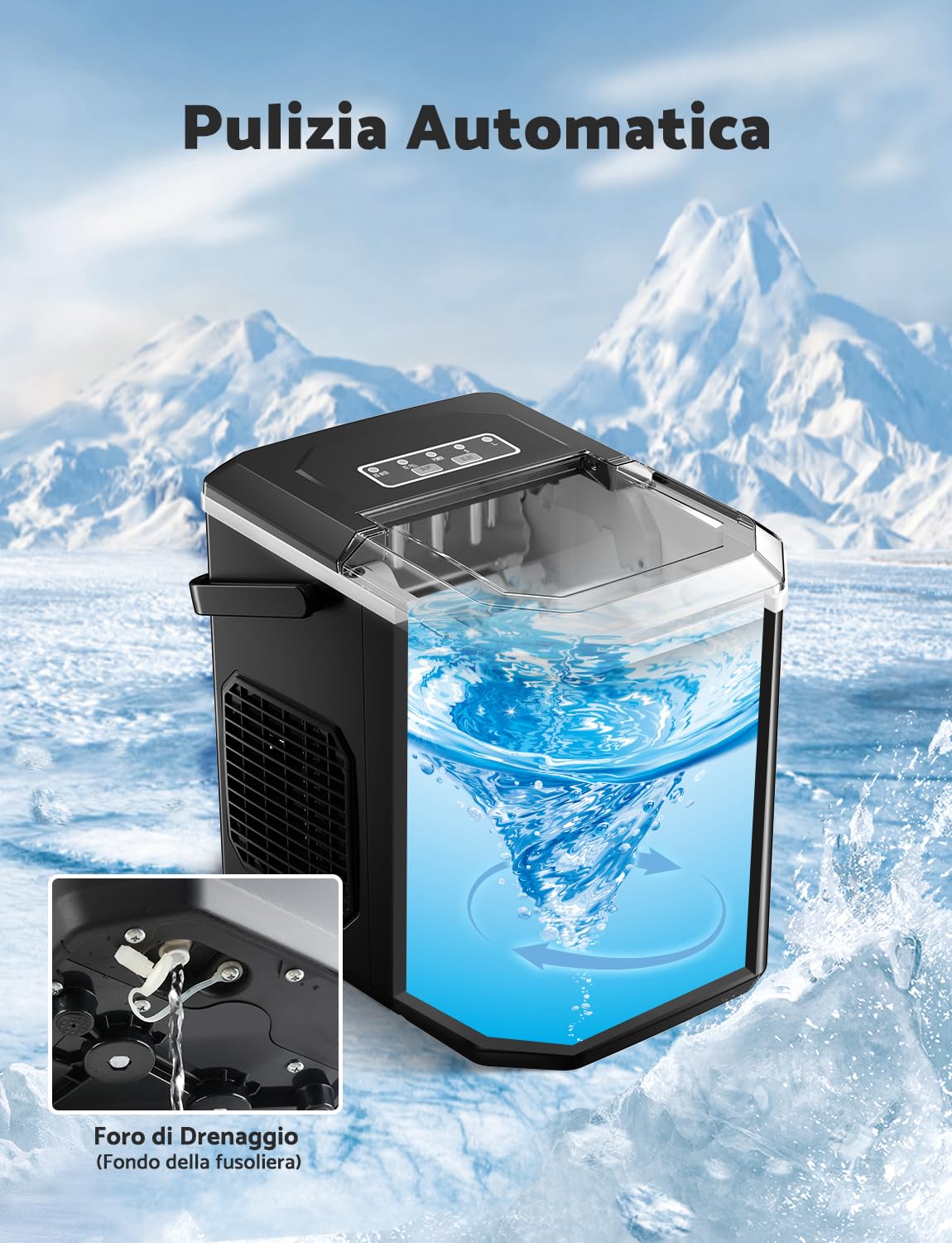 Ice Machine 12 kg/24 h, Self-Cleaning Home Ice Machine 1.5 L, Professional Ice Maker, Ready in 6 Minutes, with Handle, Silent/Scoop/Basket, Black