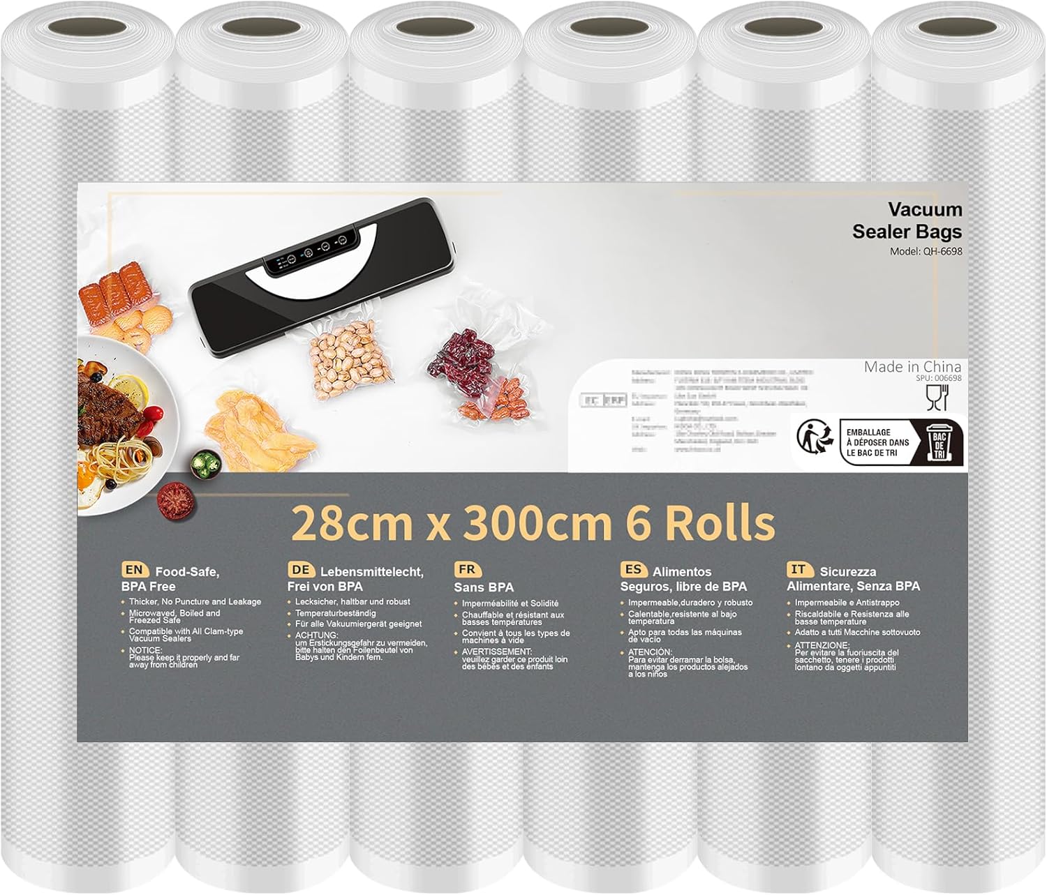 Food Vacuum Roll, Food Vacuum Bag for Vacuum Sealer 6 Rolls 28 x 300 cm, BPA-Free Food Vacuum Film | 6 Rolls 28 x 300 cm