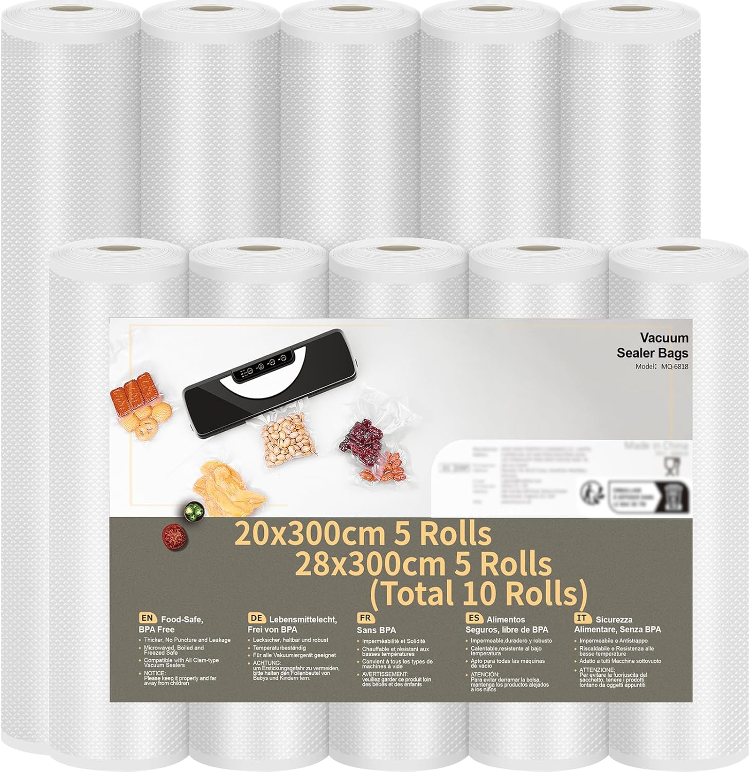 Food Vacuum Roll, 10 Rolls of BPA-Free Food Vacuum Film, 5 Rolls 28 x 300 cm and 5 Rolls 20 x 300 cm Food Vacuum Bag for Food Vacuum Machine and Cooking | 10 Rolls